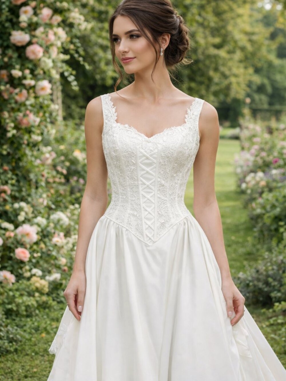 Formal Cathedral Train sleeveless A-line satin embroidered, ruffled bridal Gown